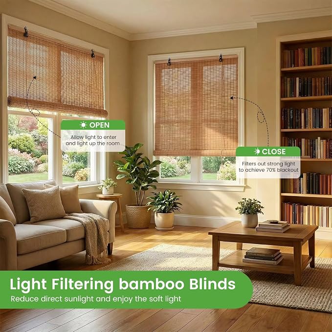 Bamboo Blinds, Easy to Install Bamboo Shades for Indoor Windows, Custom Sizes Roller Shades for Indoor Windows, Roll Up Blinds Indoor Outdoor Patio