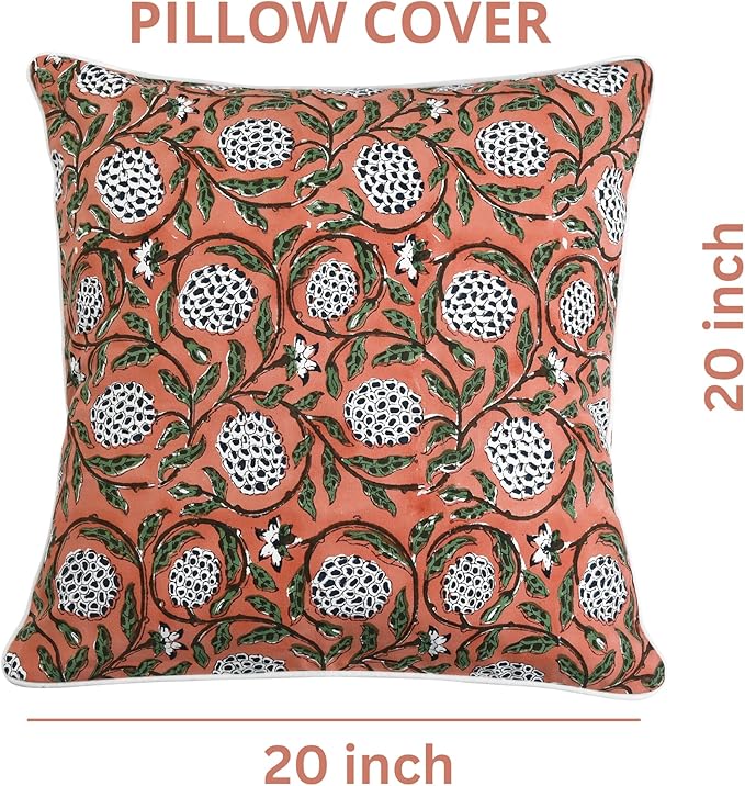 Ridhi Block Print Dark Salmon Pink Pillow Cover 20" x 20" (Pack of 2) Decorative Couch Pillows for Living Room, Chic Boho Cute Outdoor Pillows Covers Gifts for Spring, Easter and Valentine