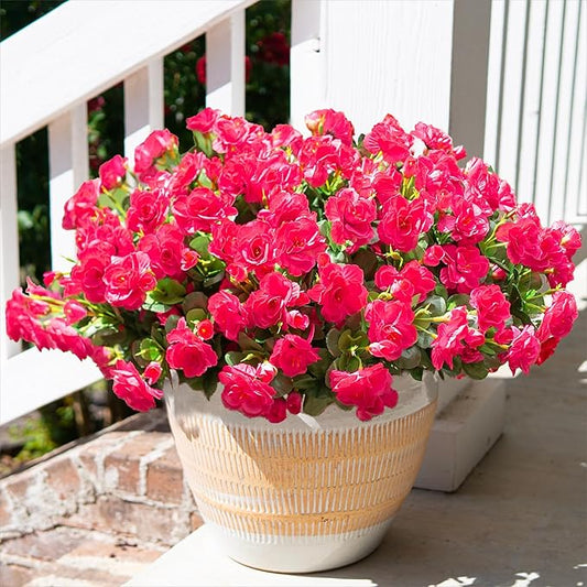 HyeFlora Artificial Faux Outdoor Flowers Plants for Spring Summer Decoration, Fake Silk Hotpink Camellia UV Resistant Look Real for Planter Outside Front Door Porch Patio Balcony, 3 Large Bundles