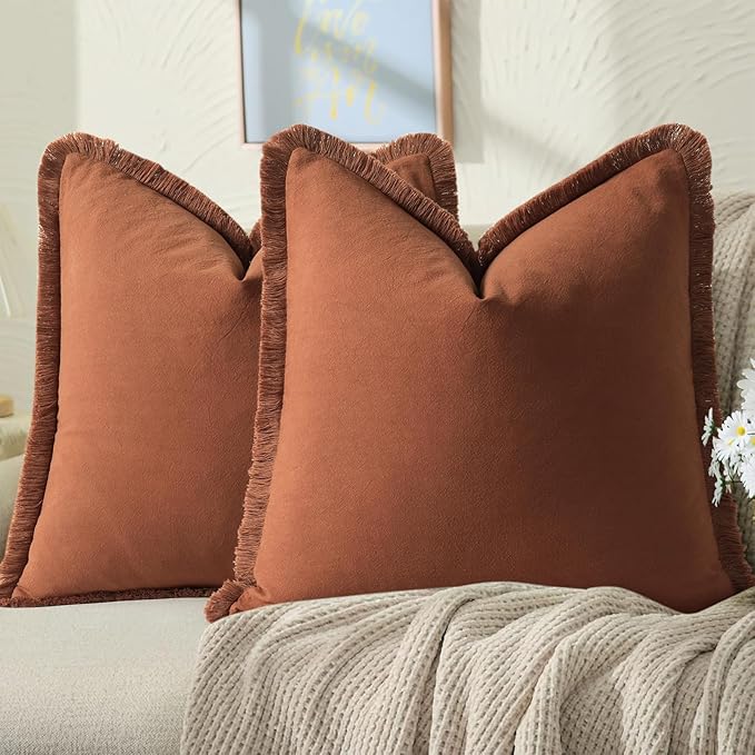 ZWJD Pillow Covers 18x18 Set of 2 Rust Throw Pillow Covers with Fringe Chic Cotton Decorative Pillows Square Cushion Covers for Sofa Couch Bed Living Room Farmhouse Boho Decor