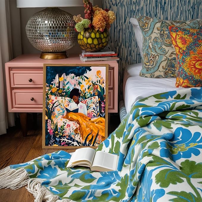 Framed Black Woman Reading Wall Art, Boho Black Girl Colorful Floral Paintings Wall Decor, African American Pictures Canvas Prints Aesthetic Home Decor for Living Room Bedroom Dorm 16x24 inch