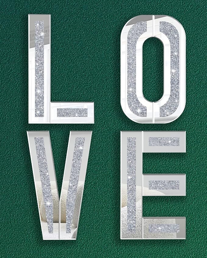 SHYFOY Mirrored Love Letters, 20" Crushed Diamond Wall Decor Large Size Crystal Mirror Set Sparkling Silver Home Decor Love Sign for Wedding Centerpiece Party Gift