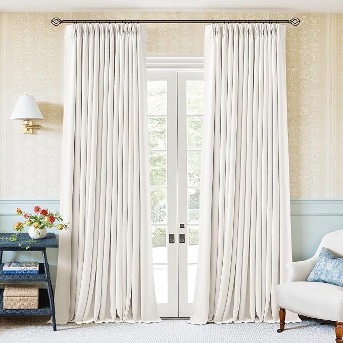 105 Inch Pinch Pleated Blackout Linen Curtains for Bedroom 2 Panels Memory Trained 100% Black Out Soundproof Room Darkening Ivory Beige Off White Window Curtains Double Layer Pinch Pleat Drapes
