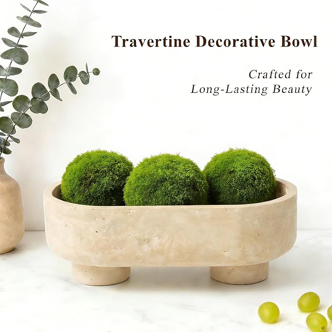 Natural Oval Travertine Stone Fruit Bowl, Two-Legged Decorative Bowl Beige | 10" Large Handcrafted Marble Catchall Bowl for Home Decor. Fruit Basket Bowl, Entryway Bowl, Pedestal Bowl for Dining Table