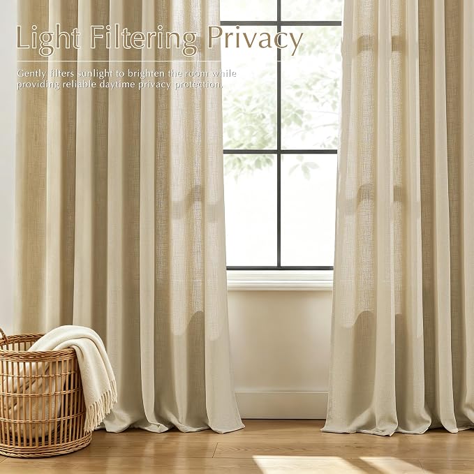 Oatmeal Linen Pleated Curtains 86 inches Long 2 Panels Set for Living Room Country Rustic Farmhouse Burlap Textured Semi Sheer Privacy Triple Pinch Pleat Curtain Greyish Beige Memory Trained Drapes