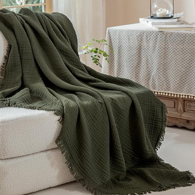 Muslin Fringe Blankets for Adults: 100% Cotton Cloud Soft | 4-Layer Gauze Breathable Lightweight All Season Throw Blanket for Bed Couch Sofa Office