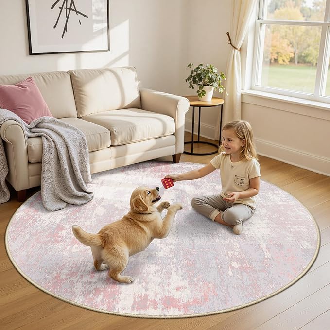 RELEANY Washable Area Rugs 6ft Non-Slip Modern Abstract Soft for Living Room Entryway Bedroom Nursery, Print Pattern, Grey Pink