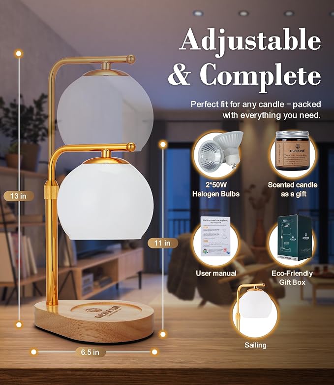 White Glass Candle Warmer Lamp Adjustable Height with Timer 2 4 8H | Warm Gold Hardware | Natural Wood Base | Dimmer Wax Melt Warmer Includes Candle and Bulbs