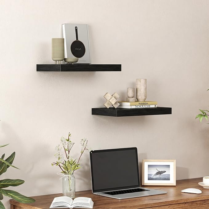 Heimlove 16 inchs Floating Shelves for Wall Set of 2,Black Shelf for Small Bathroom,Bedroom,Living Room,Kitchen,Modern Home Decor,Rustic Farmhouse Wall Shelves with Invisible Brackets