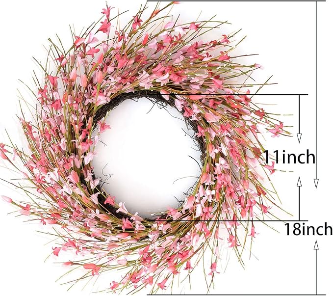 Bibelot 18inch Artificial Forsythia Flower Wreath, All Year Around Wreath for Front Door, Wedding Window Home Wall Indoor Front Door Decor (Pink, 18in)