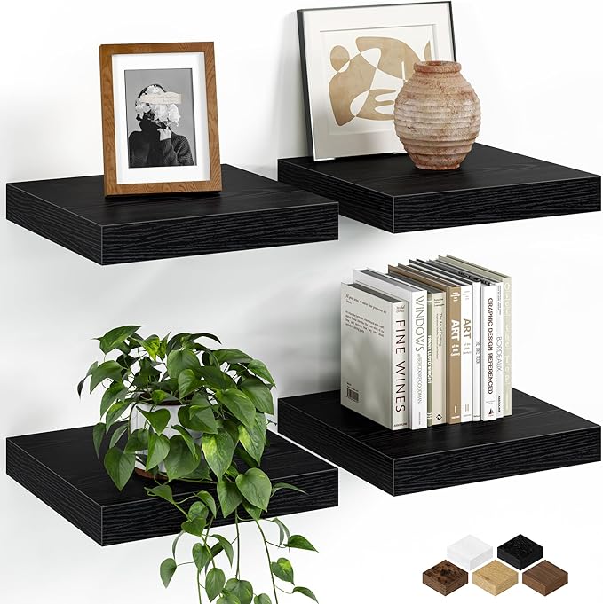 Fun Memories Floating Shelves for Wall, 9.3 Inch Set of 4 Rustic Wood Wall Shelves with Invisible Brackets, Heavy Duty Storage Display for Bathroom Bedroom Living Room Kitchen, Black