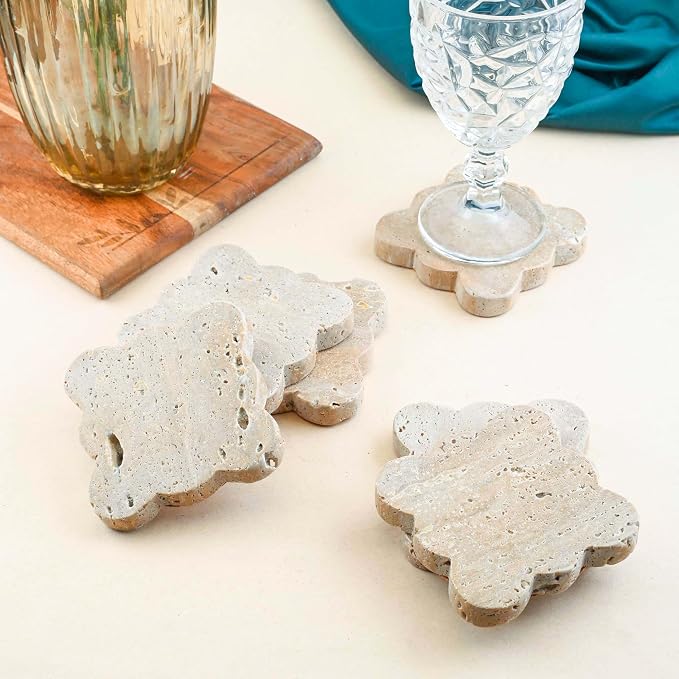 Perilla Home Travertine Coaster Scalloped Square Coaster Travertine Set of 6 Length: 4" Width: 4" Thikness: 15mm Brown