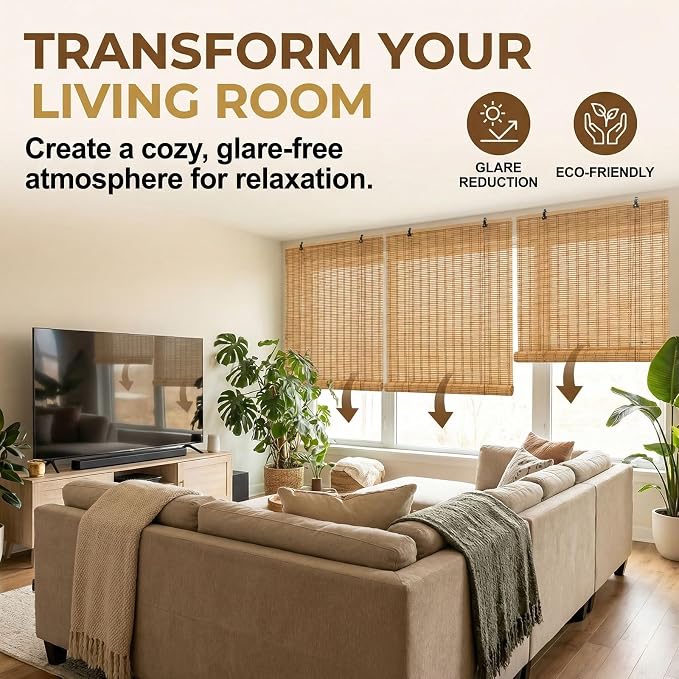 Glimer Bamboo Blinds for Interior Windows, Natural Roll Up Bamboo Shades for Indoor Windows & Outdoor Patio, Light Filtering Bamboo Window Shades for Living Room, Porch, Balcony, Easy to Install