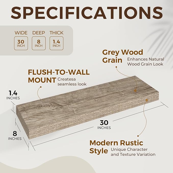 Dreamland 30Inch Floating Shelves for Wall 8" Deep Grey Set of 2 | Wall shelves for bathroom, bedroom, Living Room, kitchen, deep wall mount wood storage display for home decor 30" x 8"