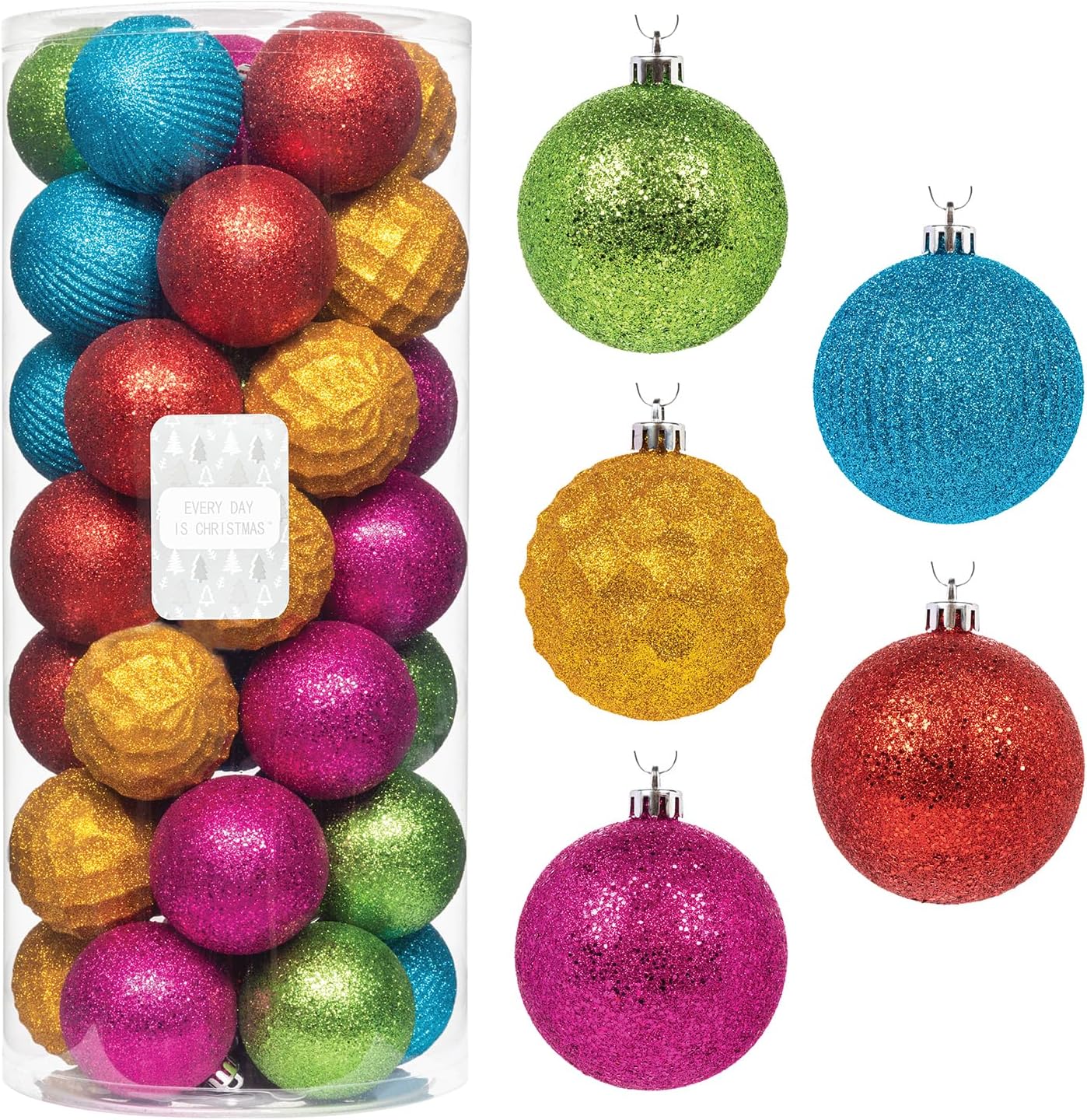 Every Day is Christmas Ornaments, Shatterproof Christmas Tree Ornament Set, Christmas Balls Decoration 35 Count (2.75"/70mm, Textured Rainbow)