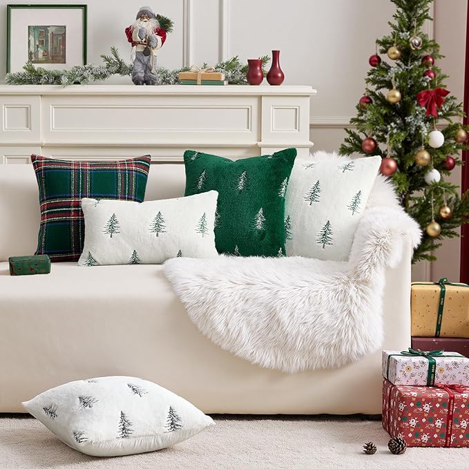MIULEE Christmas Decorative Pillow Covers Set of 2 Faux Fur Throw Pillows with Embroidered Christmas Tree 18x18 Inch Green White Winter Couch Covers for Festival Sofa Bedroom Living Room Home Decor