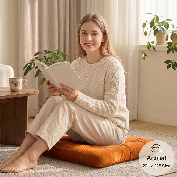 Floor Pillow for Adults, Soft Velvet Floor Cushion for Sitting, Single Square Tufted Floor Pillow for Reading Nook, Living Room, Bedroom, 22 x 22 Inch, Orange