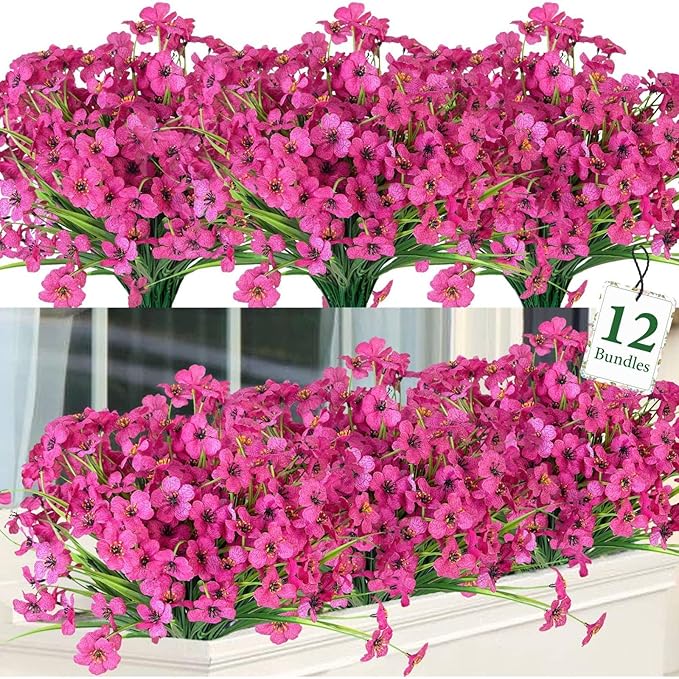 Ouddy Decor 12 Bundles Artificial Flowers for Decorations Fake Silk Plants for Outdoor Indoor UV Resistant Faux Plastic Greenery Stems for Window Garden Porch Home Spring Summer Decoration, Rose Red