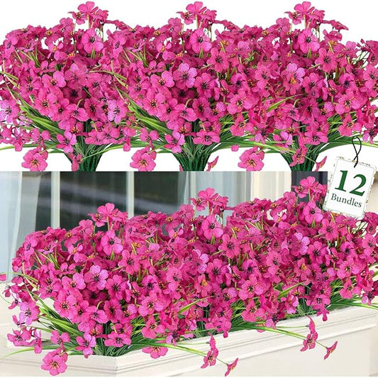 Ouddy Decor 12 Bundles Artificial Flowers for Decorations Fake Silk Plants for Outdoor Indoor UV Resistant Faux Plastic Greenery Stems for Window Garden Porch Home Spring Summer Decoration, Rose Red