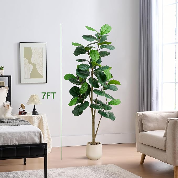 Artificial Fiddle Leaf Fig Tree 7FT, Large Realistic Faux Ficus Lyrata Plant with Pot Large Faux Plant for Indoor Outdoor Home, Office, Living Room, Bathroom Decor