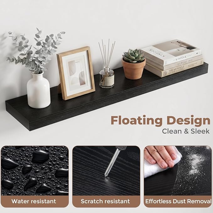 Venusmiles Floating Shelves for Wall, 32 Inch Floating Shelves Set of 2, 6.5" D Wooden Wall Mounted Display Shelves with Invisible Brackets for Living Room, Bedroom, Bathroom, Kitchen Decor, Black