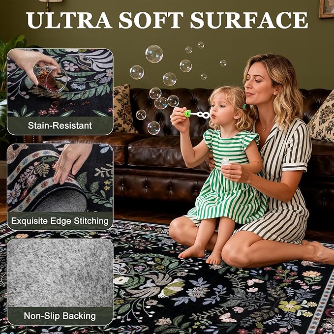 9x12 Area Rugs Living Room Rug: Vintage Washable Rug Floral Soft Carpet Indoor Floor Non-Slip Boho Stain Resistant Large Carpets for Bedroom Kids Nursery Dining Room Farmhouse Home Office Black