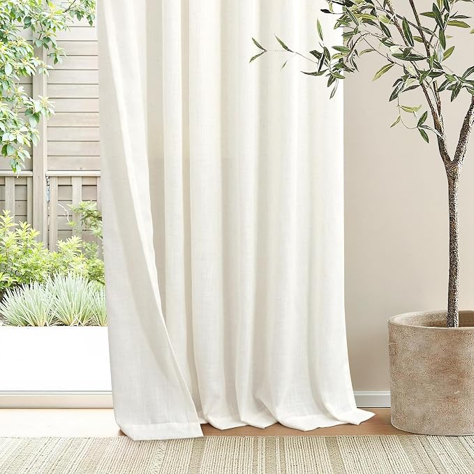 Pinch Pleated Linen Curtains 72 Inch Length 2 Panel for Living Room Bedroom Cream White Ivory Semi Sheer Short Pleat Drape with Hooks Rings Farmhouse Decor Light Filtering Dining Room Curtain Back Tab