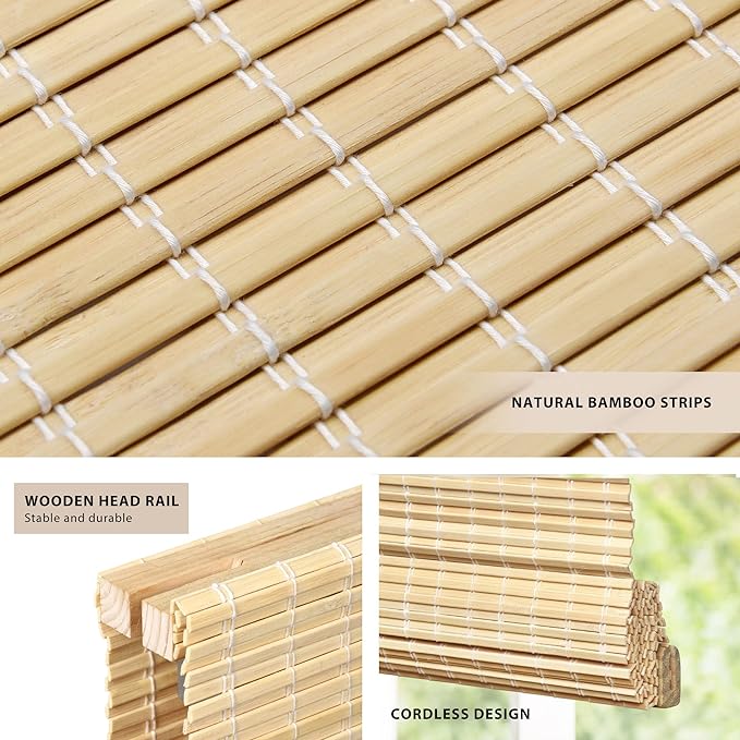 LazBlinds No Tools No Drill Cordless Bamboo Roman Shades, Privacy Window Treatment, Roll Up Bamboo Blinds for Windows 32'' W x 64'' H, Natural