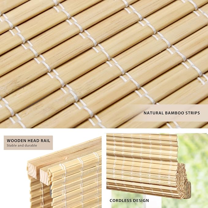 LazBlinds No Tools No Drill Cordless Bamboo Roman Shades, Privacy Window Treatment, Roll Up Bamboo Blinds for Windows 28'' W x 64'' H, Natural