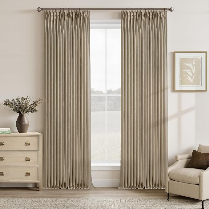 Camel Tan Pinch Pleated Linen Curtains 105 Inch Length for Living Dining Room Neutral Country Memory Training Light Filtering Back Tab Pleat Curtain Light Brown Window Drapes for Sliding Door 2 Panels