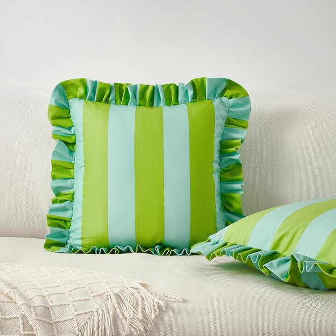 MONDAY MOOSE Decorative Throw Pillow Covers, Set of 2 Water-Resistant Striped Design with Ruffle Edge for Outdoor/Indoor Use, Pillow Inserts Not Included (22x22 inch, Light Green/Light Blue)