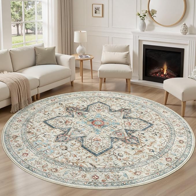 Tortania 12' Round Area Rug Living Room Rugs - Washable Boho Rug Vintage Oriental Distressed Farmhouse Large Thin Indoor Carpet for Bedroom Under Dining Table Home Office - Aqua Multi