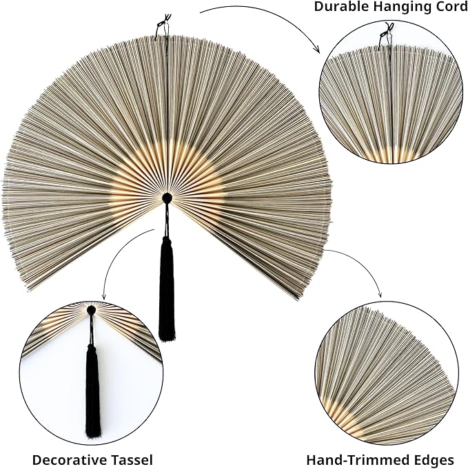 ChumDecor Fan Wall Decor, Japanese Giant Fan, Large Bamboo Fan Wall Art For Boho Hanging Headboard, Decorative Folding Fans For Over Bed, Asia Trending (Gray 48inch)