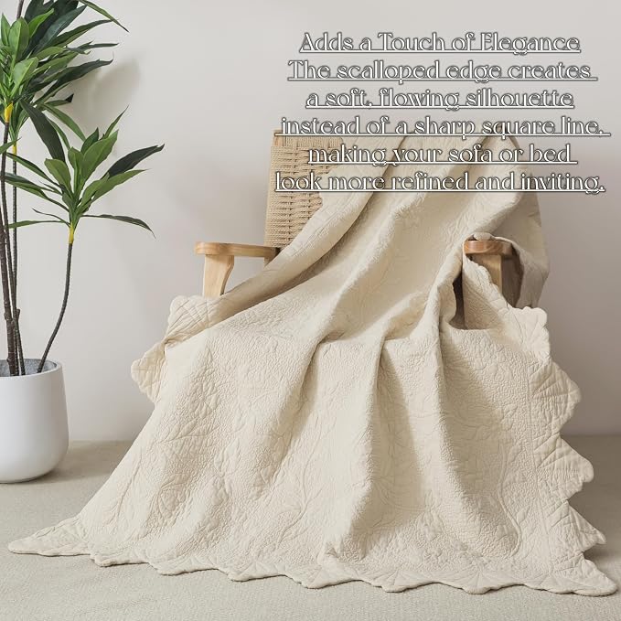 Brandream Beige Throw Quilt Cotton 47 X 60 Inch Quilted Throw Blanket for Bed Couch Daybed Decorative Scalloped Edge Throw Blankets
