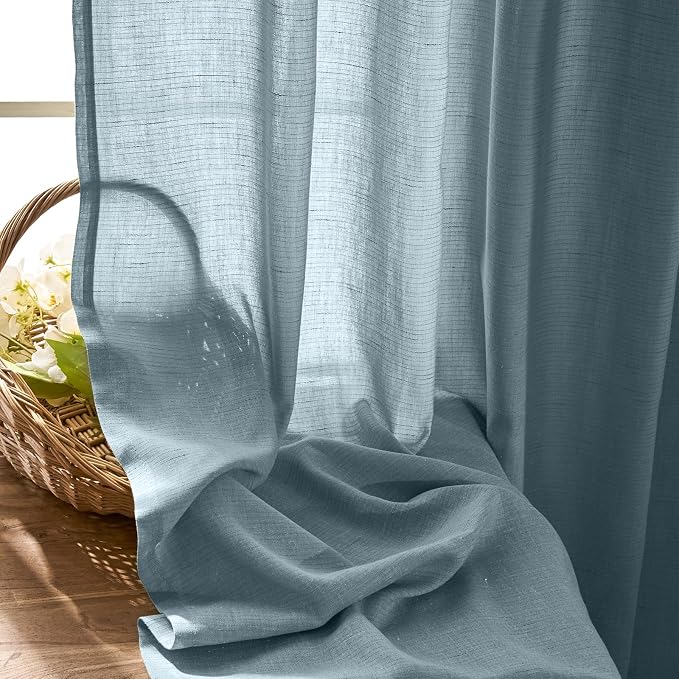 jinchan Linen Blue Semi Sheer Curtains 96 Inch Long 2 Panels for Living Room Grommet Dark Flax Light Filtering Curtains Home Office Minimalist Decor Drapes Suitable for Bathroom and Bedroom 50x96 Inch