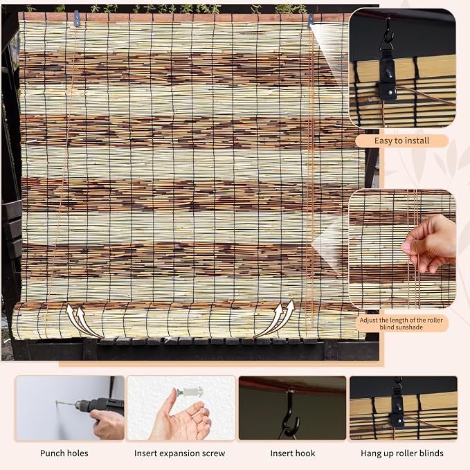 Reed Shades, 48" W x 72" H Waterproof Privacy Screen Bamboo Outdoor Screen, Reed Curtain for Porch, Patio, Yard, Windows (Mixed)