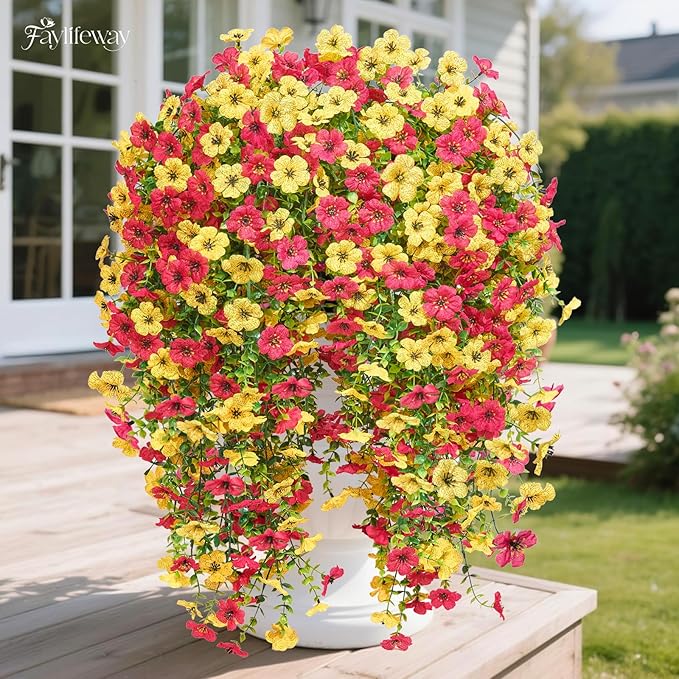 Artificial Hanging Flowers for Outdoors Spring Summer Decoration, 8PCS UV Resistant Silk Fake Hanging Plants for Patio Porch Front Yard Window Garden Indoor Decor(Hot Pink&Yellow,8PCS)