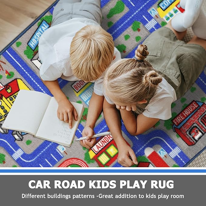 Capslpad Blue Car Road Kid Rug Carpet Playmat for Playoom Traffic Road Kids Play Mat for Toddler Non Slip Washable City Map Race Track Carpet Rug for Kids Room Bedroom Nursery Room Decor,5'x2.7'