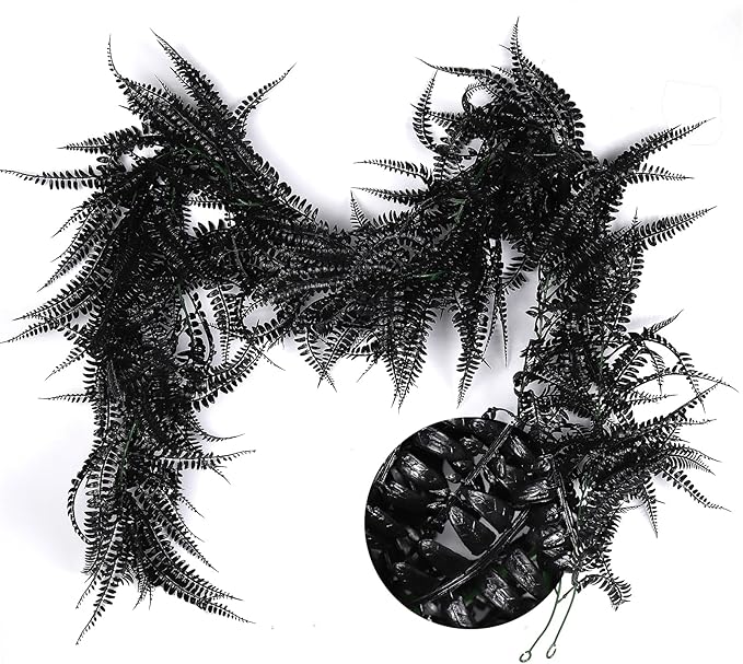 RECUTMS 2pcs Black Garland Artificial Hanging Plants 6 FT Boston Black Faux Ferns Garland Halloween Thanksgiving Party Outdoor Indoor Decor for Home