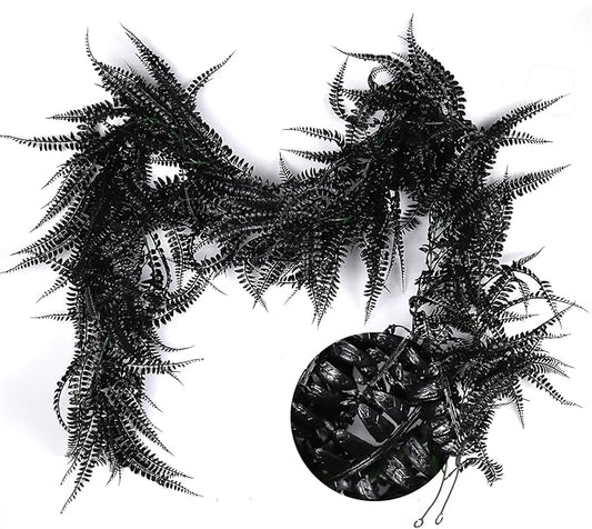 RECUTMS 2pcs Black Garland Artificial Hanging Plants 6 FT Boston Black Faux Ferns Garland Halloween Thanksgiving Party Outdoor Indoor Decor for Home