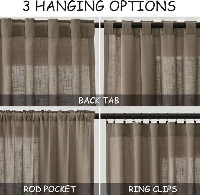Dark Taupe Flax Linen Curtains 90 Inches Long for Bedroom 2 Panels Back Tab Loop Pocket Privacy Neutral Semi Sheer Curtains Country Rustic Farmhouse Light Filtering Drapes for Living Room 40x90
