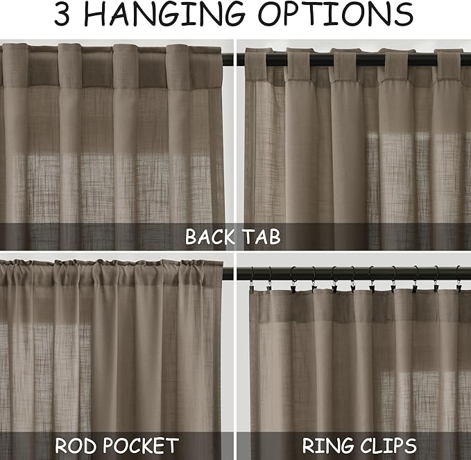 Dark Taupe Flax Linen Curtains 90 Inches Long for Bedroom 2 Panels Back Tab Loop Pocket Privacy Neutral Semi Sheer Curtains Country Rustic Farmhouse Light Filtering Drapes for Living Room 40x90