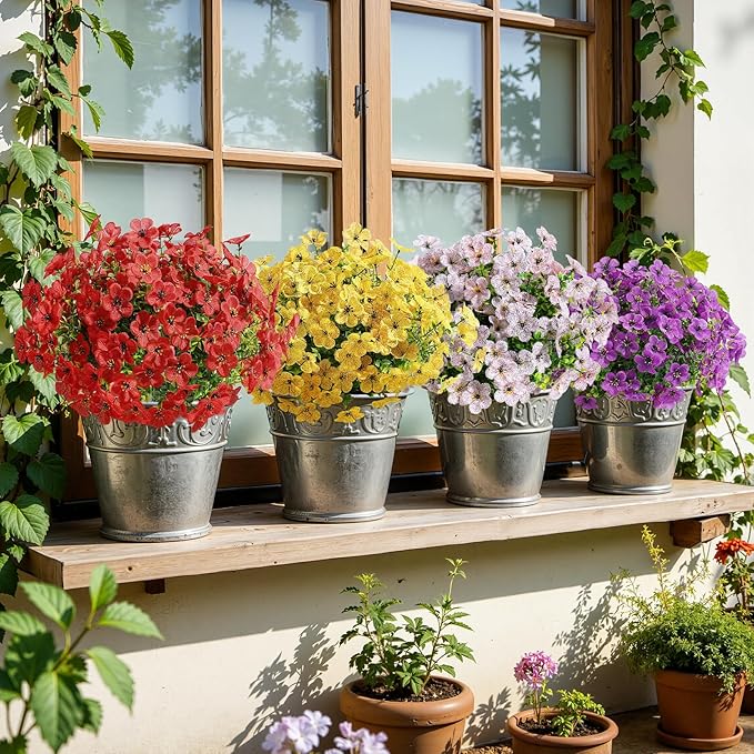 Alupssuc 20 Bundles Artificial Flowers for Outdoor Indoor Decoration, UV Resistant No Fade Fake Plants Eucalyptus, Colorful Faux Spring Flowers for Outside Yard Porch Patio Garden Home Window Box