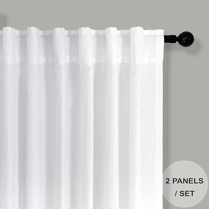 White Linen Curtains 63 Inch Length for Bedroom Pair Back Tab Pocket Simple Linen Panels Cotton Canvas Look Semi Translucent Boho Sheer Curtains for Living Room Dining Cabin Cottage Snow Pure White