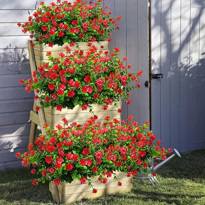 Grunyia 10 Bundles Artificial Fake Flowers, Faux Outdoor Plastic Plants UV Resistant Shrubs Outside Indoor Decorations (Red-Eucalyptus)