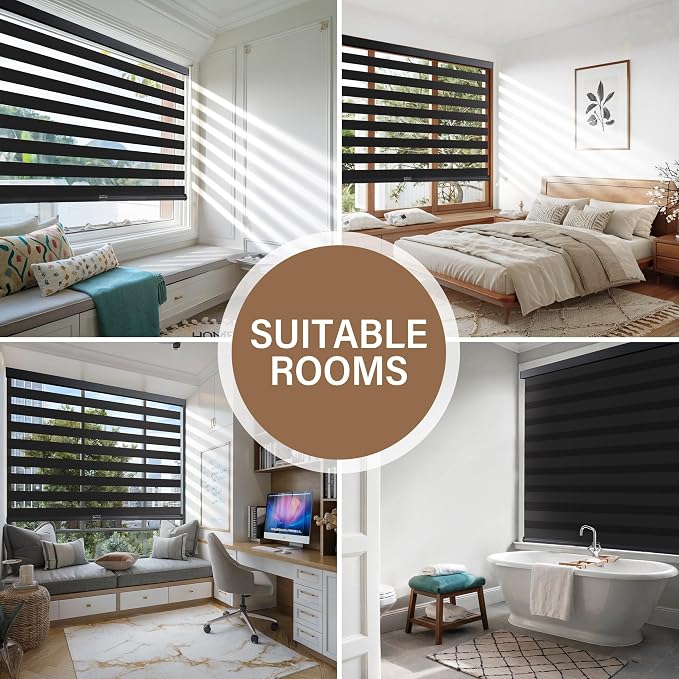 AOSKY Cordless Zebra Blinds for Windows Pull Down Roller Window Shades Dual Layer Light Filtering Privacy for Day and Night, Free-Stop Door Shades for Home Easy to Install (47" W X 72" H, Black)