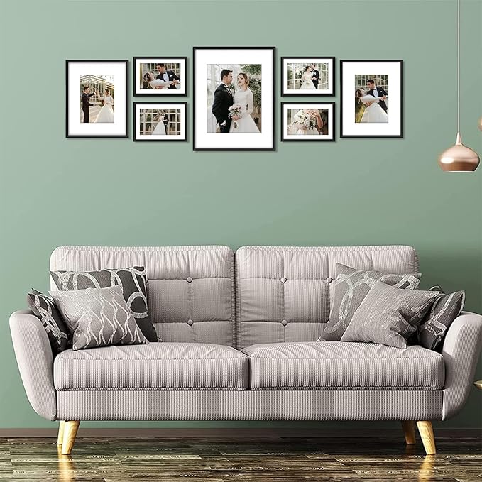 Golden State Art, Picture Frame Set 7 Pack, Gallery Wall Frame with One 11x14, Two 8x10, and Four 5x7. Aluminum Photos Frame for Wall or Tabletop Display (Style 1, Black, 7 Pack)