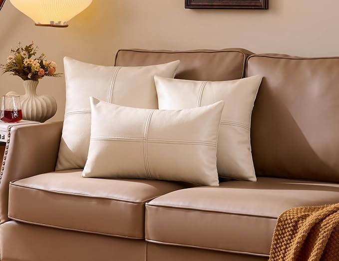 Full Grain Leather Lumbar Pillow Cover (14" x 22") (Cream) | Cowhide Sofa Cushion Case Thick Genuine Leather Throw Pillow for Living Room Bedroom and Home Office, Pack of 1, Cover Only