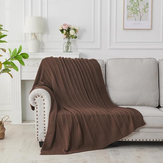 Douceur Brown Throw Blanket for Bed, Soft Cozy Lightweight Stripe Pattern Knitted Throw Blanket for Sofa, Living Room Gift, 60"X80"