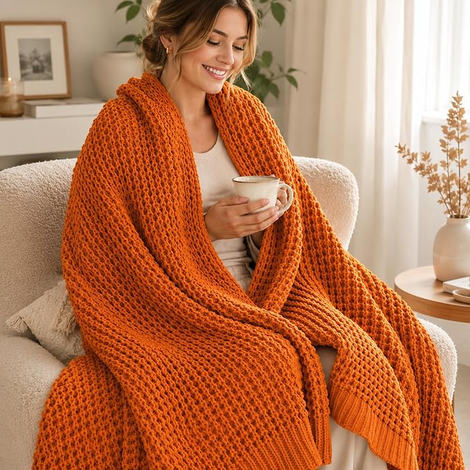 Bunnikins & Clover Orange Throw Blanket for Couch, Soft Warm Decorative Fall Blanket for Sofa Bed, Ideal Fall Home Decor, 50"x60"
